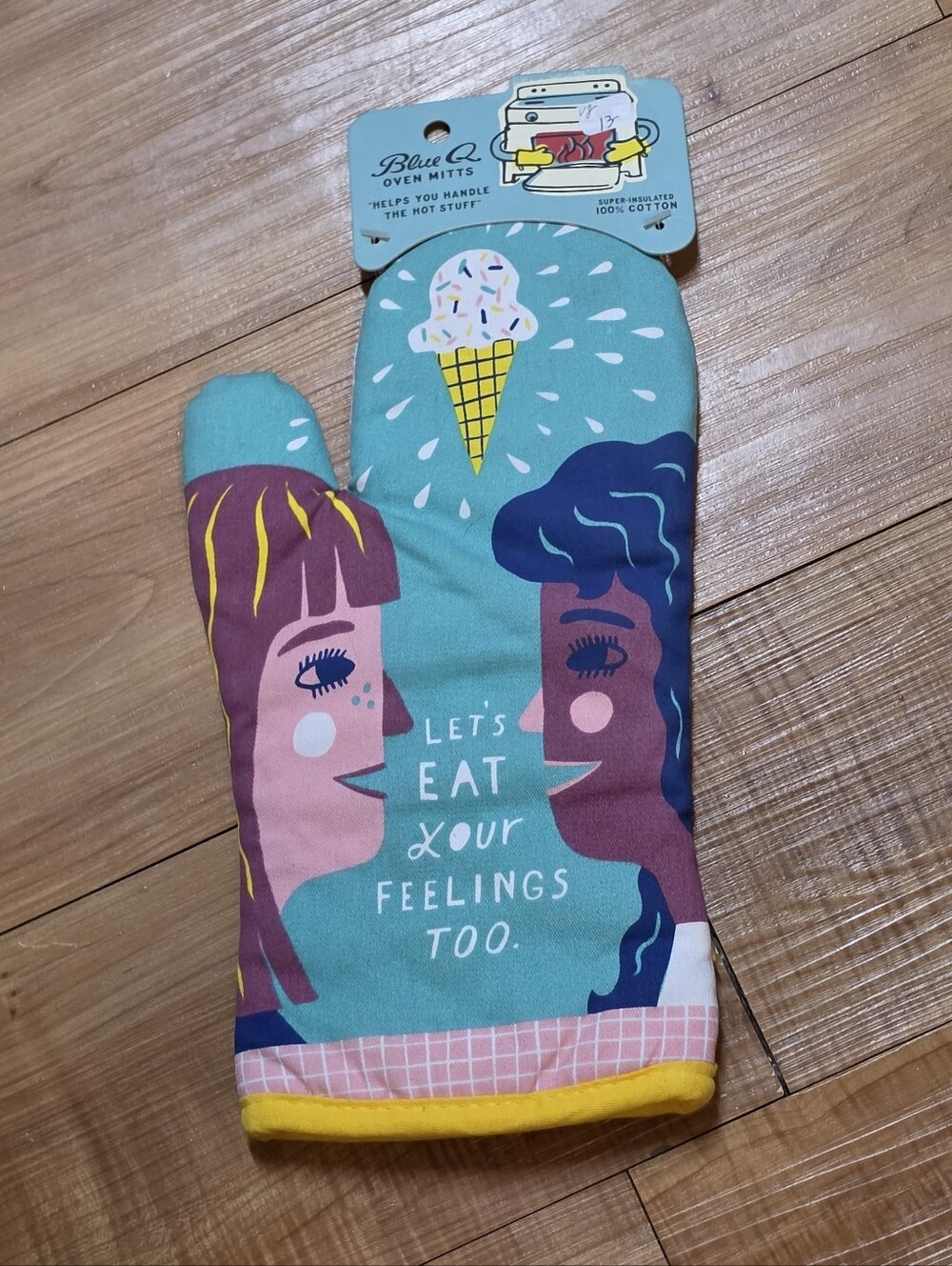 NEW! Blue Q Oven Mitt Let's Eat Your Feelings too Pink Green
